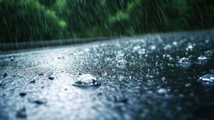 Rain drops on wet asphalt, blurry background of rain forest