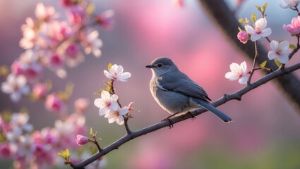 Fototapeta premium A brown-eared bulbul sits on a tree branch amidst delicate plum blossoms of gentle white and pink shades, illuminated by the soft sunlight of late afternoon.
