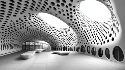Abstract architectural interior with curved, perforated walls and seating