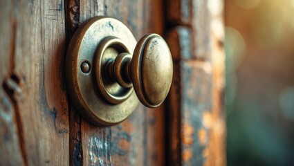 Fototapeta premium Closeup of a doorknob on a wooden door.