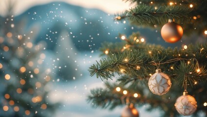 Christmas background featuring a fir tree branch in a winter landscape setting