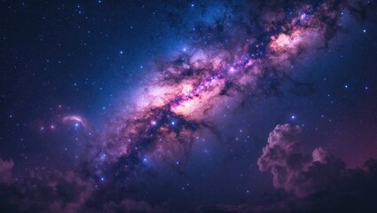 Close-up of Milky Way galaxy featuring stars and space dust in the universe, long exposure photograph with grain.