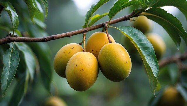 Bunch of mango, plum, or Gandaria fruit on tree with lush tropical garden background