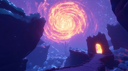 Whirlpool vortex in a fantasy landscape.  Purple, pink, orange colors