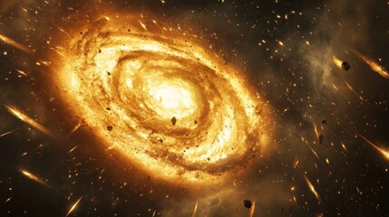 Fiery spiral galaxy exploding amidst cosmic debris