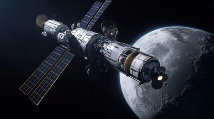 Space station orbiting the moon