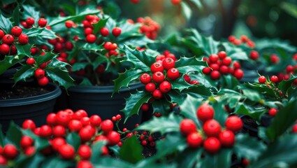 Obraz premium Christmas berry or holly features dark green leaves and vibrant red ripe fruits. A small shrub commonly found in gardens. Regarded as an auspicious plant. Red fruits of coral bush.
