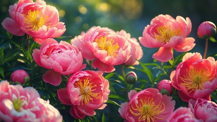 Detailed view of Coral Peony Blooms featuring Sunlit Petals and Yellow Hues