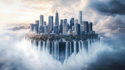 Floating city island in clouds with cascading waterfalls