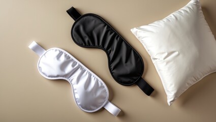 Blank white pillow and sleeping masks on beige background, flat lay. Mockup for design.