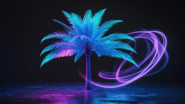 Neon lights illuminating a blue palm tree isolated on a black background.