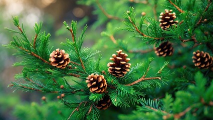 Fototapeta premium Close-up of the branches of a coniferous thuja tree with cones, with selective focus; natural green coniferous background.