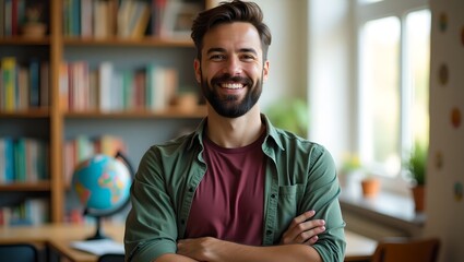 Naklejka premium Smiling Bearded Man in Study: Confident, Educated, Classroom Setting, Library, Global Mindset, Positive, Professional