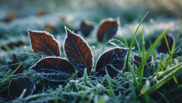 Close-up of frosted leaves and grass, emphasizing their delicate beauty. Perfect for nature and winter themes.