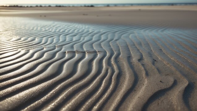 Close-up of damp sand featuring natural ripple patterns formed by tidal water on a beach.