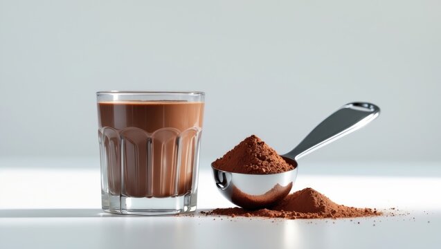 Chocolate whey protein drink with powder in a metal measuring scoop against a white background.