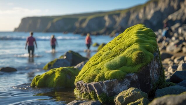 Detailed view of a moss-covered rock along the beach shoreline - Powered by Adobe