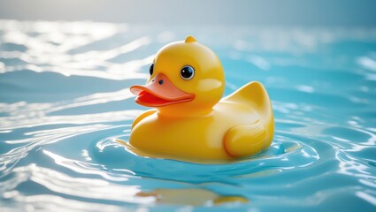 Classic yellow rubber duck floating in water.