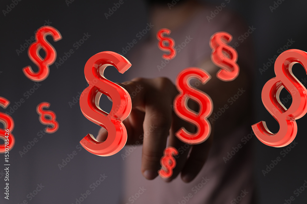 Poster Abstract image of a hand interacting with floating paragraph symbols, perfect for legal or digital concepts.