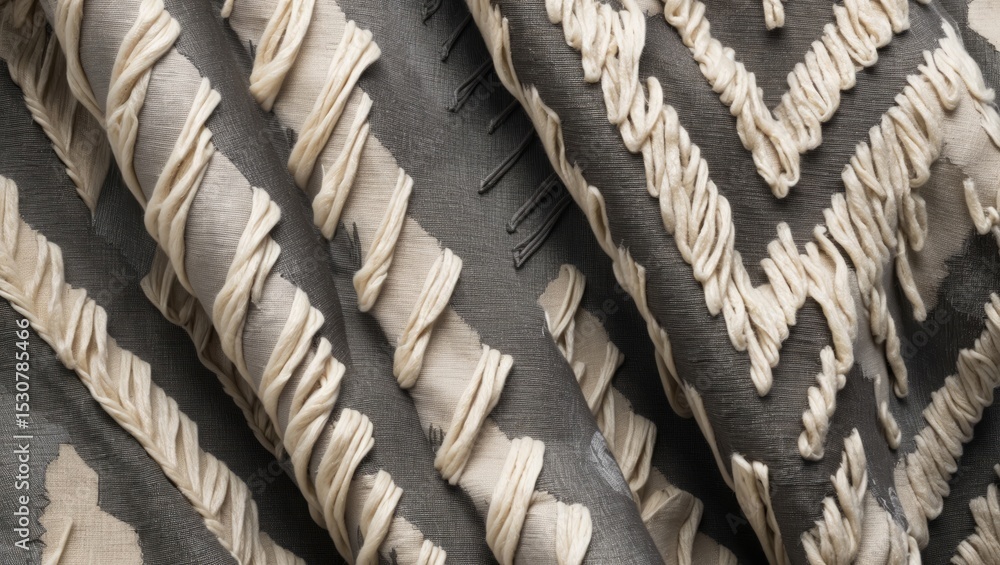 Poster close-up of brown grey fabric displaying a weaving thread pattern. brown textile with chevron weavin