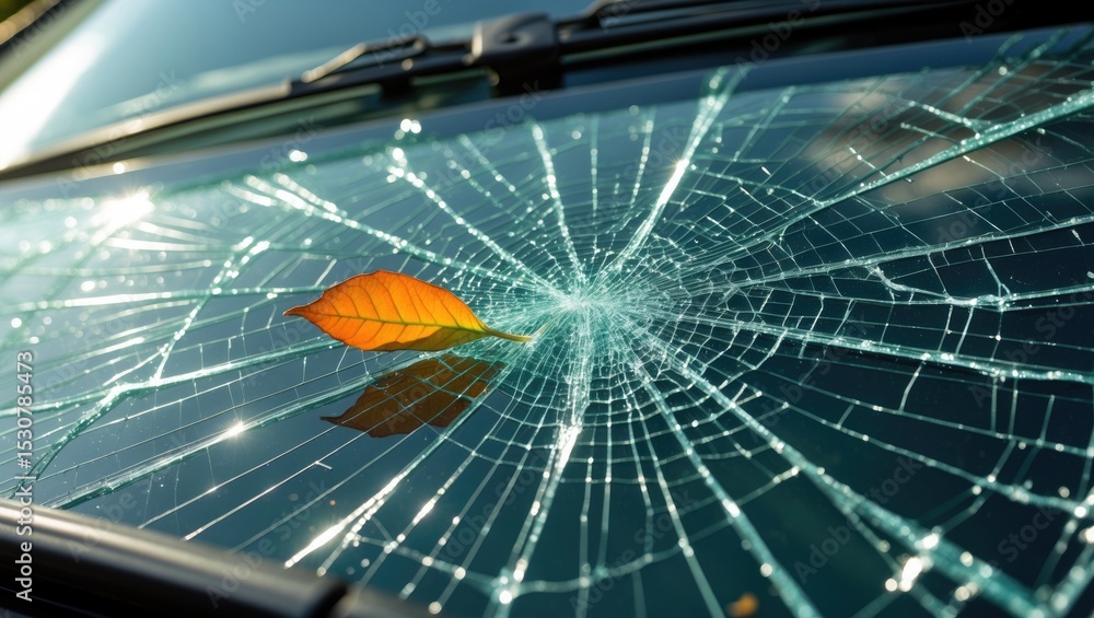 Poster broken car windshield with shards resulting from an assault vandalism.