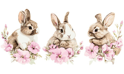 Easter spring bunnies, floral bunny pink flowers, fluffy cute bunnies, vector illustration, spring motifs, garden flowers, holiday decoration, cheerful animal art, seasonal vibes.