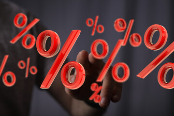 Red percentage symbols illustrate financial growth, interest rates, discounts, and savings.