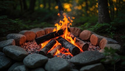 A campfire burns inside a ring of stones, with the wood crackling as it transforms into embers.