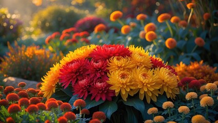 Flowers in an arrangement of chrysanthemums within a botanical garden abundant with autumn blooms