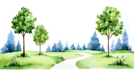 Obraz premium Watercolor Landscape Illustration with Trees and Path