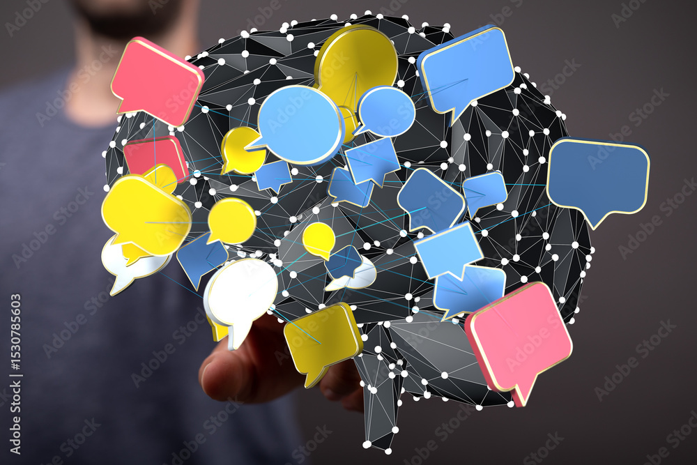 Poster Abstract image of a brain with interconnected speech bubbles, symbolizing communication and networking.