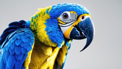 Obraz premium Blue and Gold Macaw (Ara ararauna) perched on a white background.