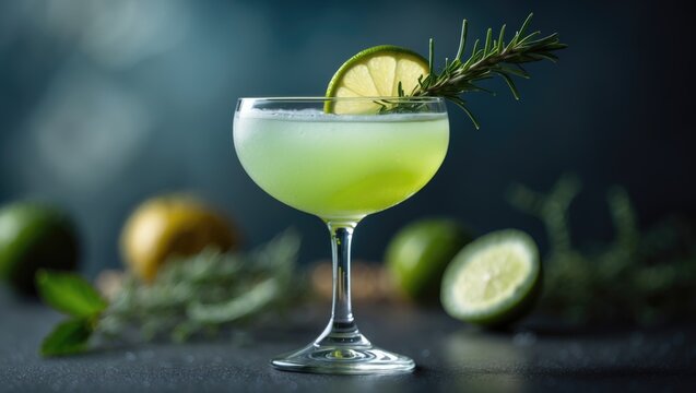 Close-up of a drinking glass decorated with lime and rosemary, featuring a Citrus alcoholic cocktail on a dark background. Focused details.
