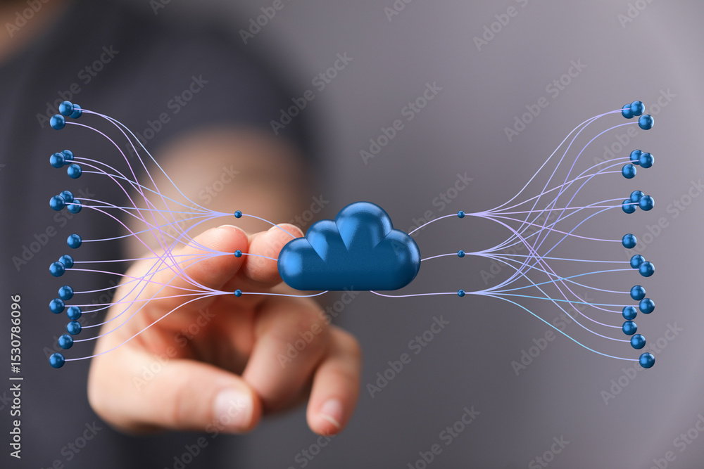 Fototapete Image of hand interacting with a 3D cloud, representing data connections and global reach in cloud computing.