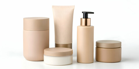 Refillable skincare jars and bottles in beige and taupe tones, matte ceramic textures, minimalist branding, pure white background