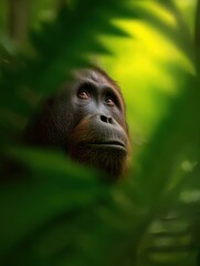 Fototapeta premium Majestic orangutan gazing thoughtfully through lush green foliage in a vibrant rainforest