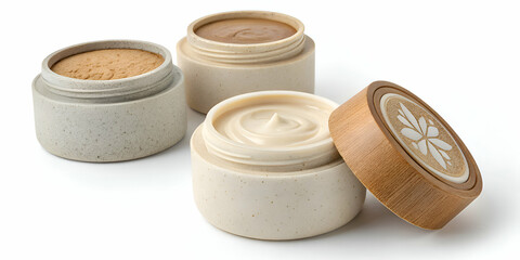 Sustainable refillable face cream pots in textured neutral palettes&mdash;stone, clay, sand&mdash;embossed branding, zero-waste focus