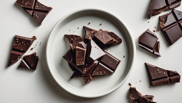 Broken or cracked chocolate pile in ceramic bowl isolated on white background, with clipping path included.
