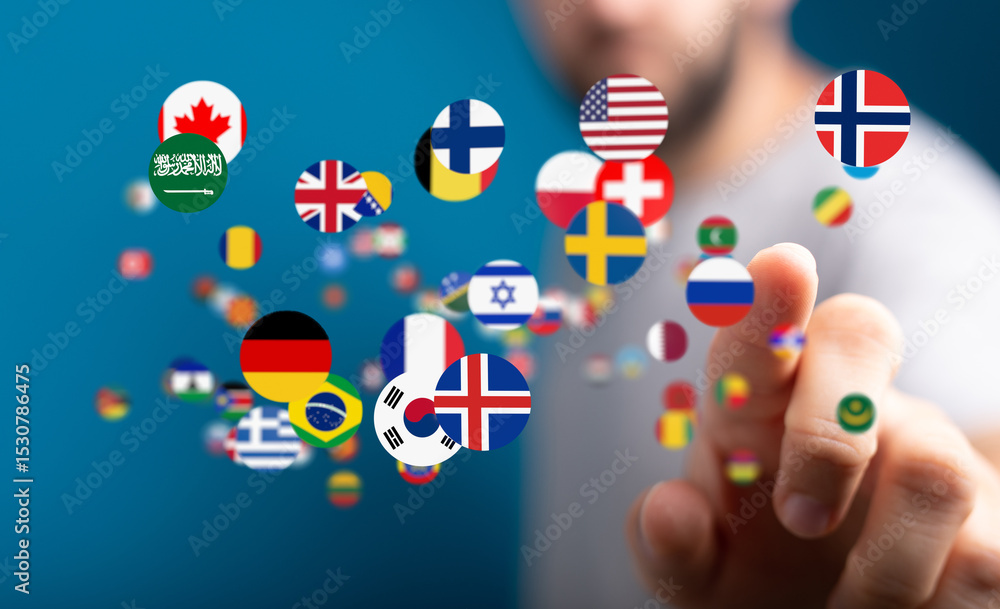 Aufkleber Image of a person interacting with floating flags, representing global communication and international business.