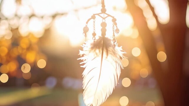 Hanging feather decoration illuminated by golden sunlight with blurred bokeh light backdrop