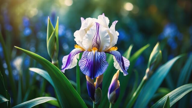 Fototapeta Close-up of vibrant white and purple iris flowers in a sunlit garden, highlighting delicate petals and natural beauty. Ideal for themes of nature, spring, and elegance.