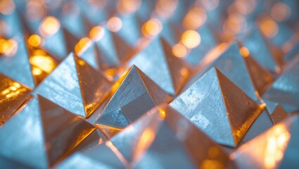 Close-up blurred reflection of a metal triangle surface with a pattern and reflective background