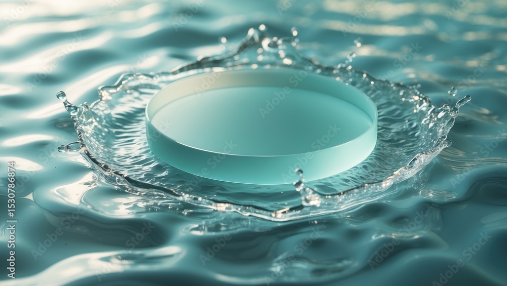 Poster cosmetic product presentation mockup scene featuring an empty circle podium on a clear water surface
