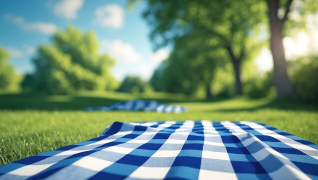 Blue checkered blanket on grass field natural background, serving as a food advertisement display and product promotion backdrop for an outdoor picnic cloth lying down.