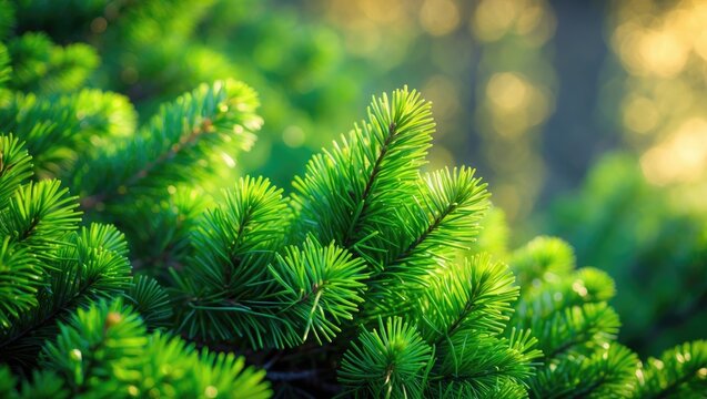 Close view of a lush and vividly green branch of a spurce tree.