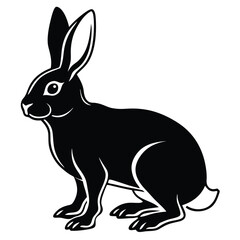 Sleek monochrome rabbit is poised alertly with its ears perked up in a cutout image