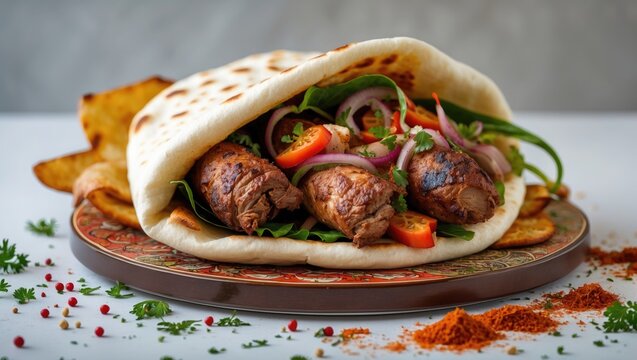 Chicken shawarma durum doner kebab copy space. Kafta shawarma chicken pita wrap roll sandwich classic Arab Mid East cuisine.