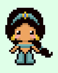 Cute Pixel Art Oriental Princess Character. Retro Princess with Headband and Long Braid for Game Design and Illustrations