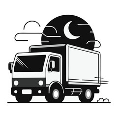 Stylized Truck Graphic Drives Under A Moonlit Night In Monochrome Vector Illustration