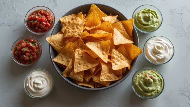 Bowl of crusty nachos or tortillas served with various dipping sauces on a gray stone background. Ready-to-eat Mexican snacks. Top view with space for text.